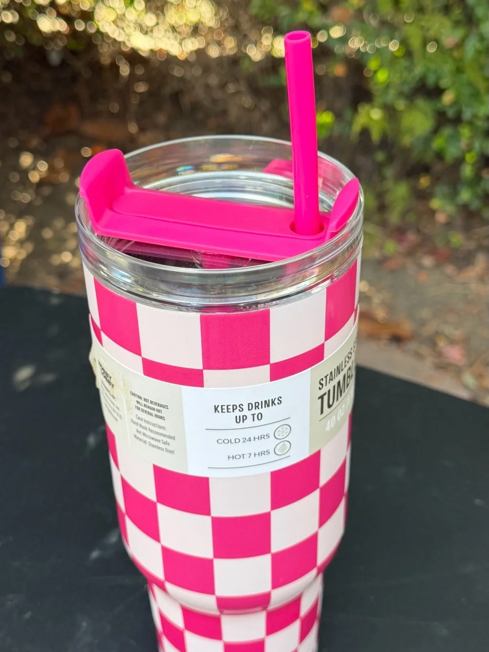 Pink Checkered Stainless Steel Tumbler with Handle - 40 oz